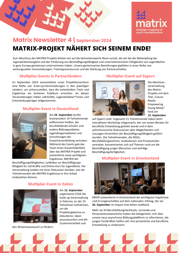 Eine Newsletterseite mit dem Titel "Matrix Newsletter 4 | September 2024" informiert über brainymotion-Multiplikatorenveranstaltungen in Zypern und mit Partnerorganisationen und zeigt Fotos von Konferenzpräsentationen; der Inhalt des Newsletters ist größtenteils auf Deutsch.