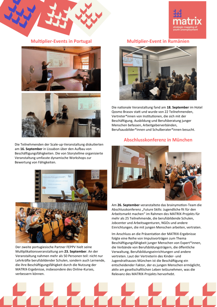 Eine Newsletterseite mit deutschem Text, Fotos von Vortragenden und Workshopteilnehmern, roten geometrischen Herzmotiven und brainymotion-Branding. Die Seite hebt Projektveranstaltungen in Portugal, Rumänien und eine Abschlusskonferenz in München hervor.