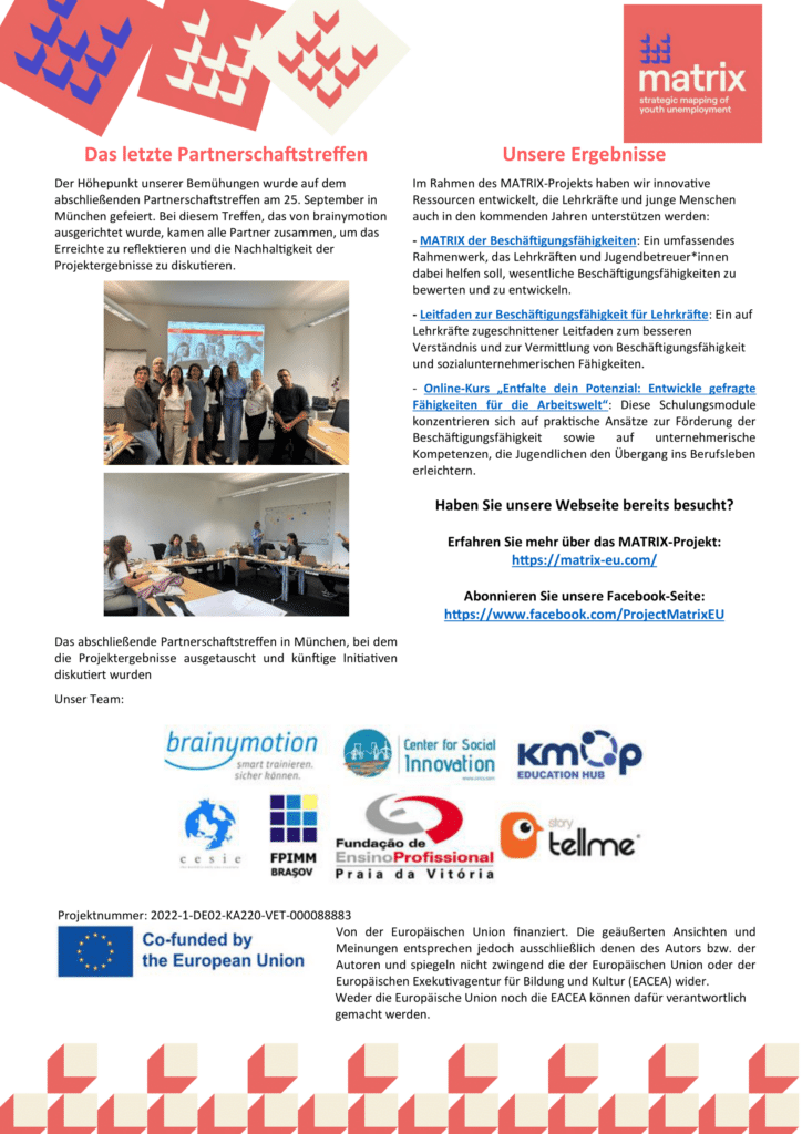 Eine deutschsprachige Newsletterseite über brainymotion, mit Abschnitten über ein Partnerschaftstreffen, Projektergebnisse und Website-Informationen. Enthält Fotos von Gruppentreffen, Partnerlogos und ein blaues EU-Emblem am unteren Rand.