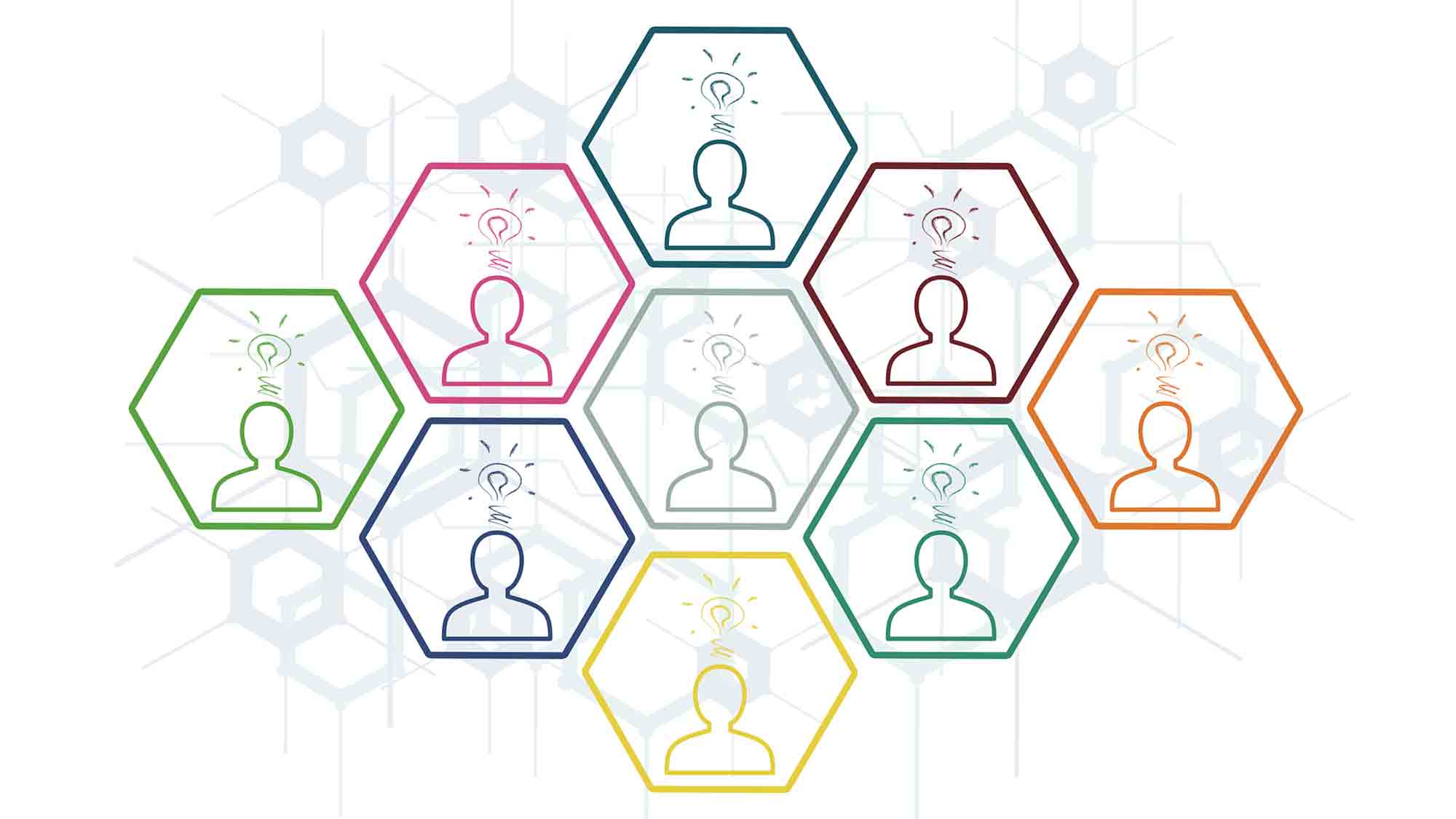 Ein Diagramm, das ein Netzwerk aus neun miteinander verbundenen Sechsecken darstellt, von denen jedes den einfachen Umriss einer Person mit einer Glühbirne über dem Kopf enthält. Die Sechsecke sind in verschiedenen Farben wie Rosa, Blau, Grün, Orange und Gelb gehalten und symbolisieren Ideen und Zusammenarbeit.