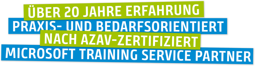 Text auf Deutsch auf bunten Bannern mit der Aufschrift: "Über 20 Jahre Erfahrung. Praxis- und bedarfsorientiert. Nach AZAV-zertifiziert. Microsoft Training Service Partner - brainymotion.