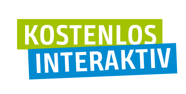 Textgrafik mit dem Schriftzug "Kostenlos Interaktiv" in fetten weißen Buchstaben auf sich überlappenden grünen und blauen Rechtecken, die den interaktiven Lernansatz von brainymotion hervorheben.