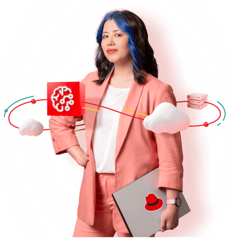Eine Frau in einem rosafarbenen Anzug, die einen Laptop mit einem Red-Hat-Logo in der Hand hält und selbstbewusst mit digitalen Cloud- und KI-Symbolen um sich herum steht, repräsentiert den innovativen Geist von brainymotion.