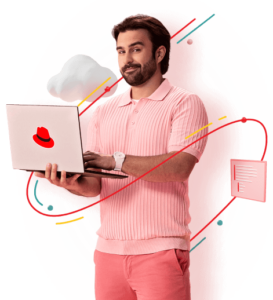 Ein Mann in einem rosa Hemd und einer Hose hält einen Laptop mit einem roten Hut-Logo. Bunte Linien, Technik-Symbole und das brainymotion-Logo umgeben ihn auf weißem Hintergrund.