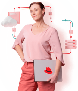 Eine Frau in rosafarbener Kleidung hält einen Laptop mit einem roten Hut-Logo und steht selbstbewusst vor Grafiken von Cloud-Computing- und Server-Symbolen, die durch von Brainymotion inspirierte rote und gelbe Linien verbunden sind.