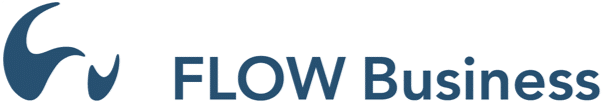 Ein stilisiertes blaues Logo, bestehend aus einem geschwungenen abstrakten Design, gefolgt vom Text „FLOW Business“ in blauen Buchstaben. Das abstrakte Design erscheint auf der linken Seite des Textes.