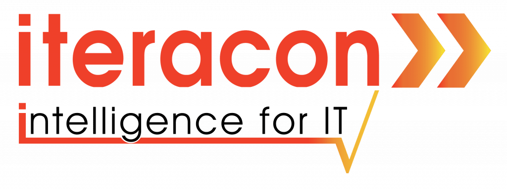 Das Bild zeigt das Logo für „iteracon“ mit dem Slogan „Intelligence for IT“. Das Wort „iteracon“ ist fettgedruckt, in Kleinbuchstaben und rot/orange verlaufenden Farben, gefolgt von zwei Pfeilsymbolen. Der Slogan steht in kleinerer, schwarzer Schrift unter dem Haupttext.