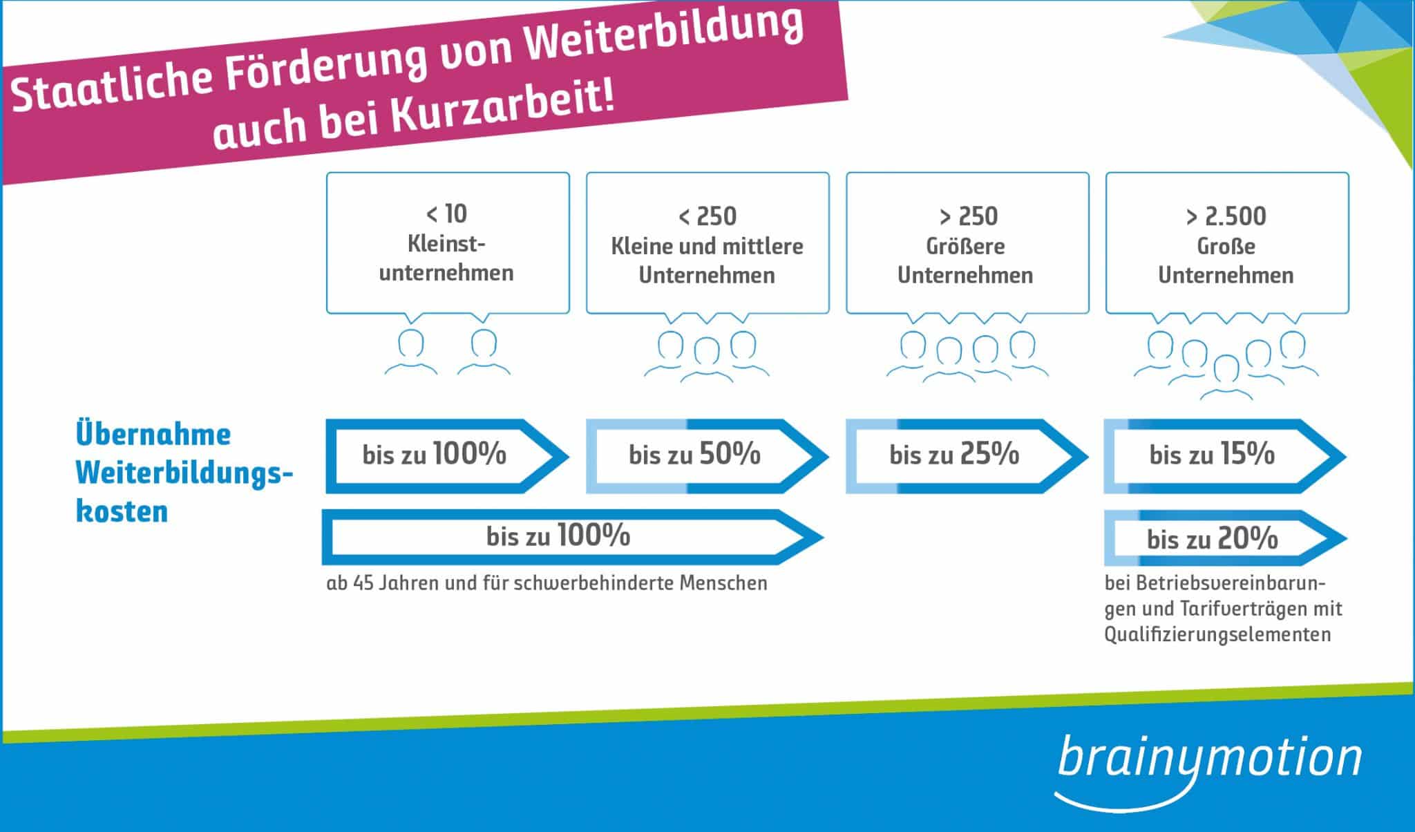 Ein Diagramm, das die staatliche Finanzierung von Schulungen während der Kurzarbeit detailliert beschreibt. Es zeigt die Subventionsprozentsätze für vier Arten von Unternehmen und deren Mitarbeiter, wobei die Unterschiede je nach Größe und Alter des Unternehmens hervorgehoben werden. Außerdem werden Kleinunternehmen und behinderte Mitarbeiter speziell erwähnt.