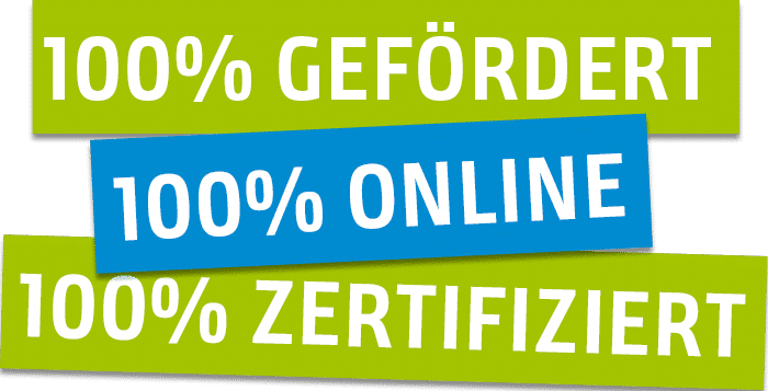 Drei Banner mit Text: "100% Gefördert" in weiß auf grün, "100% Online" in weiß auf blau, und "100% Zertifiziert" in weiß auf grün, alle präsentiert von brainymotion - alles auf Deutsch.